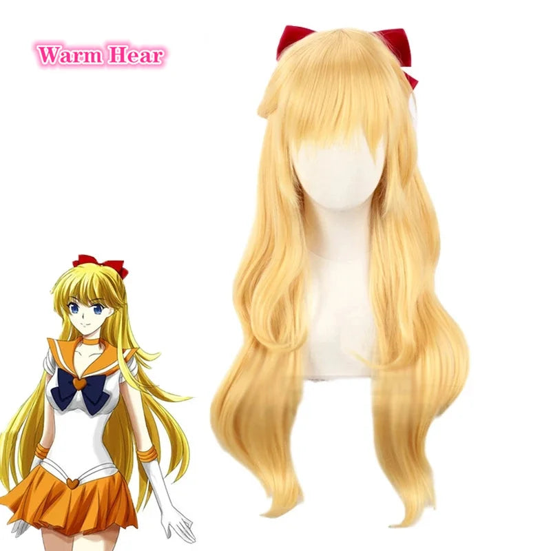 Sailor Venus Cosplay Wigs Sailor Minako Aino Long Blonde Loose Wave Heat Resistant Synthetic Hair Wigs + a wig cap