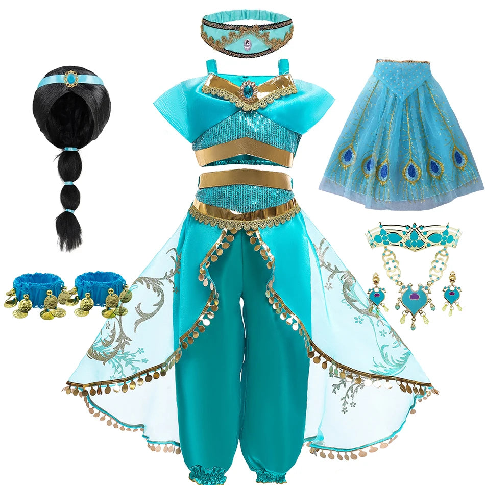 Jasmine Princess Cosplay Costume Girl Jasmine Sets Cartoon Children Birthday Party Gift Halloween Fantasy Outfits