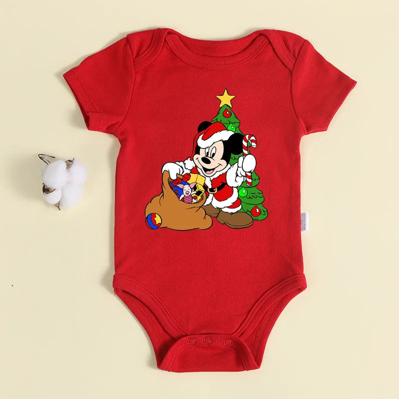 Christmas Newborn Baby Red Romper 100% Cotton Baby Mickey Print Infant Outfit Baby Girls Boys Bodysuit Disney Clothes Xmas Gift