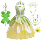 Tiana Costume Girls Cosplay Princess Dress Up Children Carnival Party Vestidos Kids Green Sleeveless Elegant Dresses
