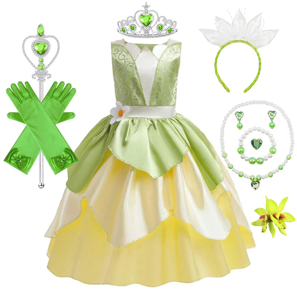 Tiana Costume Girls Cosplay Princess Dress Up Children Carnival Party Vestidos Kids Green Sleeveless Elegant Dresses