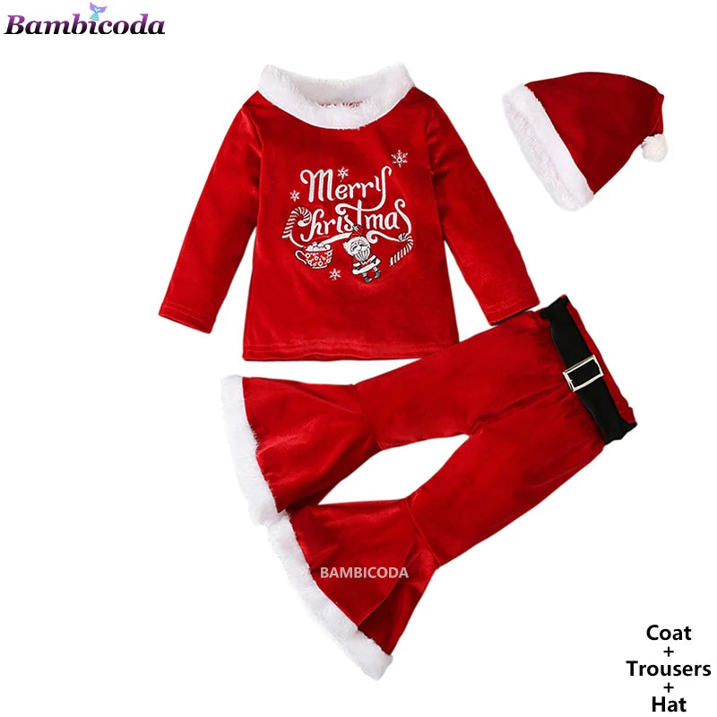 2025 Christmas Santa Claus Outfit Newborn Clothing Sets Winter Fleece Tops+Pants+Hats Baby Girls Clothes Costume Xmas