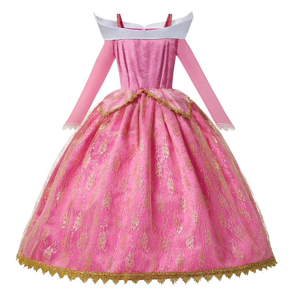 Kids Aurora Dress Cosplay Princess Dress Long Sleeve Sliding Shoulder Cake Dress Pink Girls Carnival Party Evening Dress