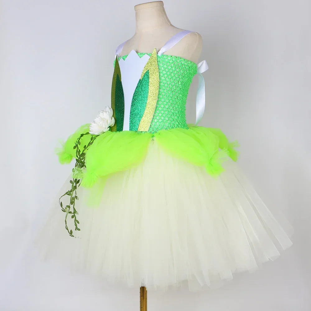 Princess Tiana Costume for Girls 3 Layers Flowers Tulle Tutu Dresses Ball Gown Toddler Kids Halloween Birthday Party Dress Up