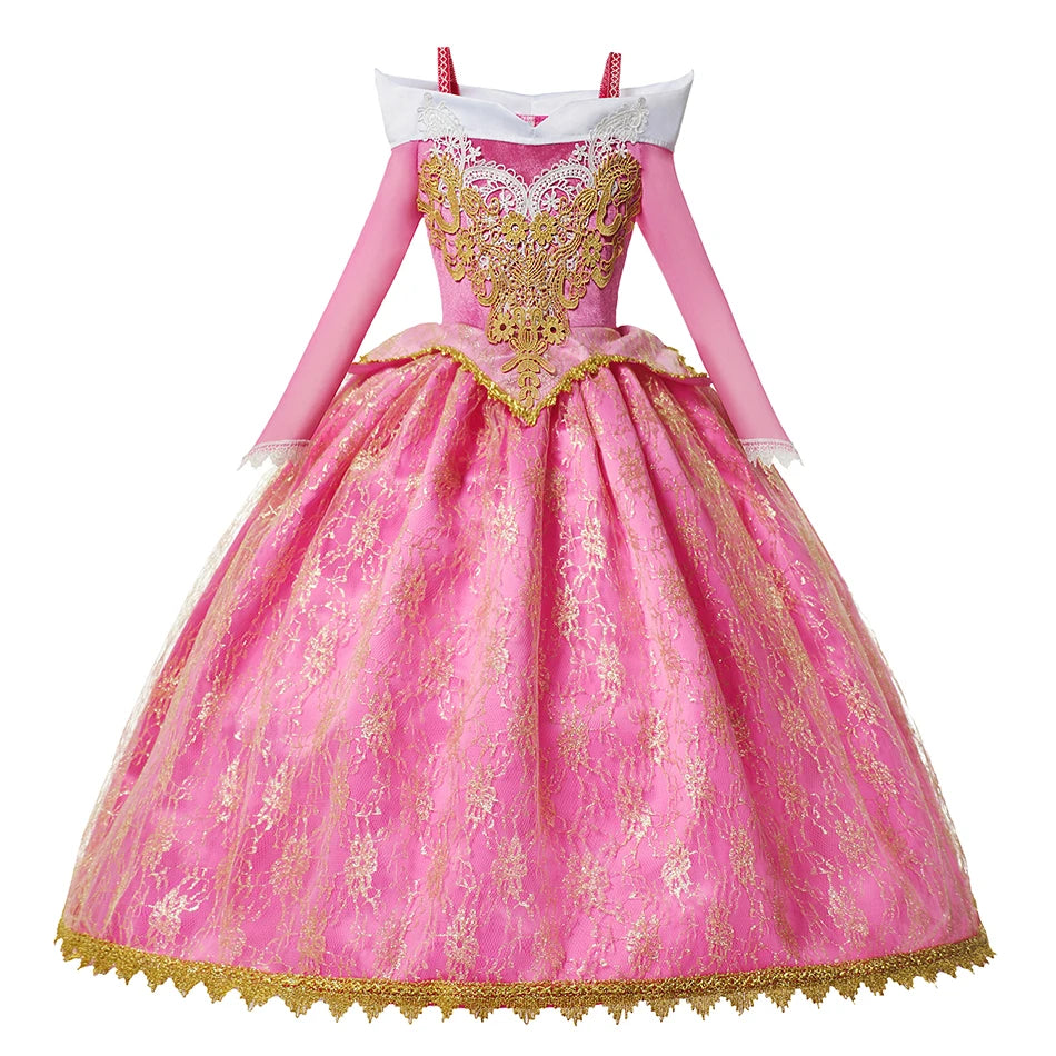 Kids Aurora Dress Cosplay Princess Dress Long Sleeve Sliding Shoulder Cake Dress Pink Girls Carnival Party Evening Dress