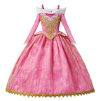 Kids Aurora Dress Cosplay Princess Dress Long Sleeve Sliding Shoulder Cake Dress Pink Girls Carnival Party Evening Dress