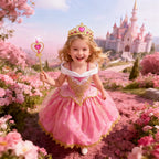 Kids Aurora Dress Cosplay Princess Dress Long Sleeve Sliding Shoulder Cake Dress Pink Girls Carnival Party Evening Dress