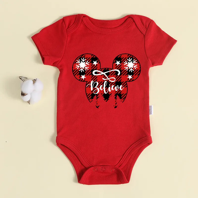 Christmas Newborn Baby Red Romper 100% Cotton Baby Mickey Print Infant Outfit Baby Girls Boys Bodysuit Disney Clothes Xmas Gift
