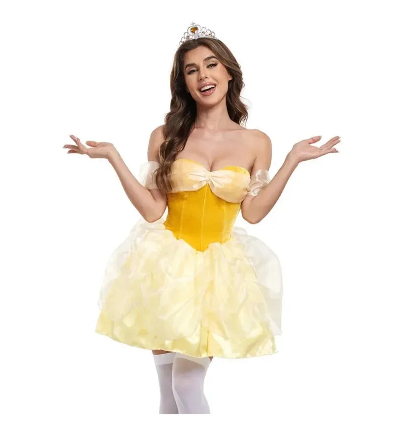 Halloween Beauty and the Beast Costume Women's Sexy Yellow Belle Princess Cosplay Carnival Party Fancy Dress Up