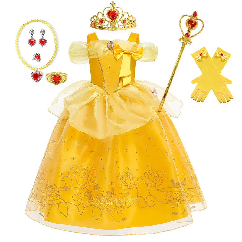 New Princess Dresses Girls Belle Party Costume Girl Birthday Flower Clothes Beauty and the Beast Fancy Disguise