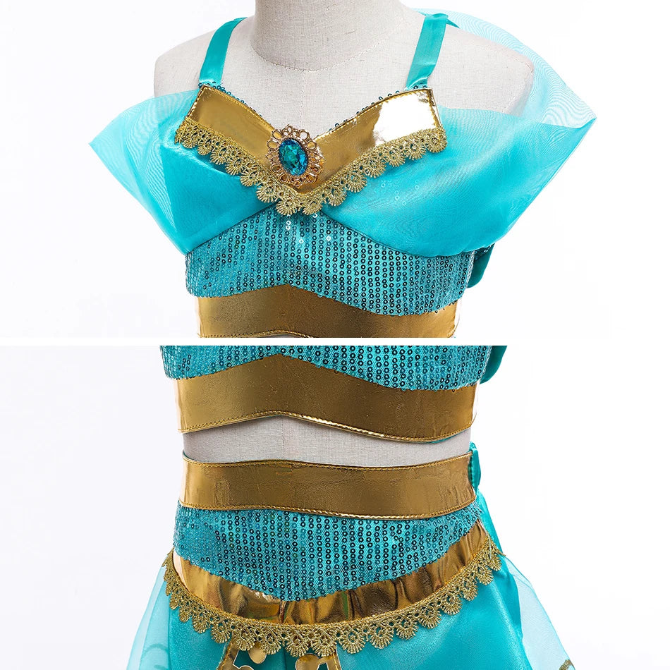 Jasmine Princess Cosplay Costume Girl Jasmine Sets Cartoon Children Birthday Party Gift Halloween Fantasy Outfits