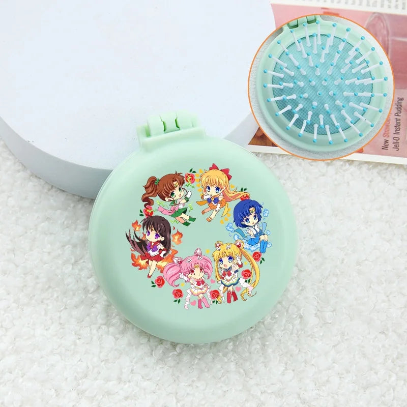 Sailor Moon Anime  Mini Folding Hair Brush with Mirror Portable Travel Comb for Women Lightweight Outdoor Use Hand Washable Gift