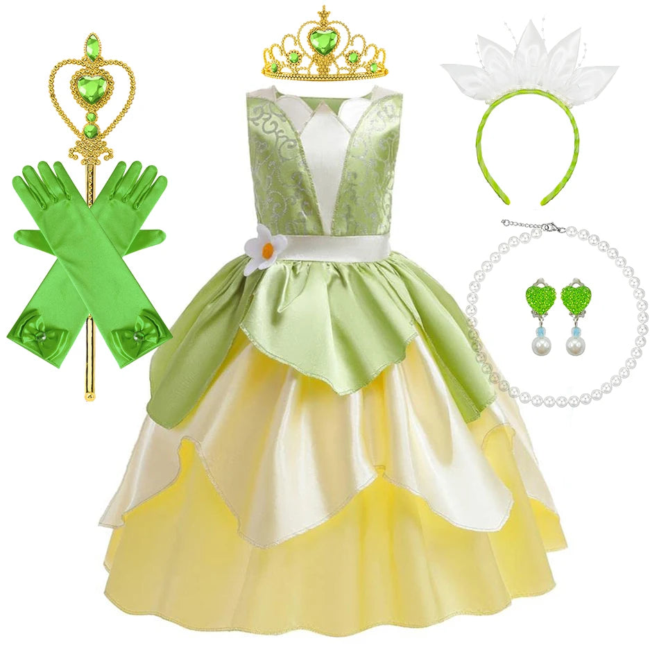 Tiana Costume Girls Cosplay Princess Dress Up Children Carnival Party Vestidos Kids Green Sleeveless Elegant Dresses