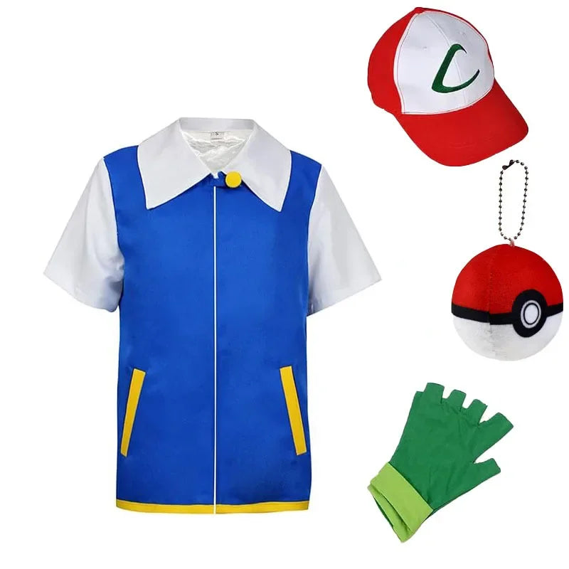 Men Anime Trainer Cosplay Costume Boys Ash Ketchum Adult for Girls Halloween Women Disfraz Party Blue Jacket Cap and Gloves Sets