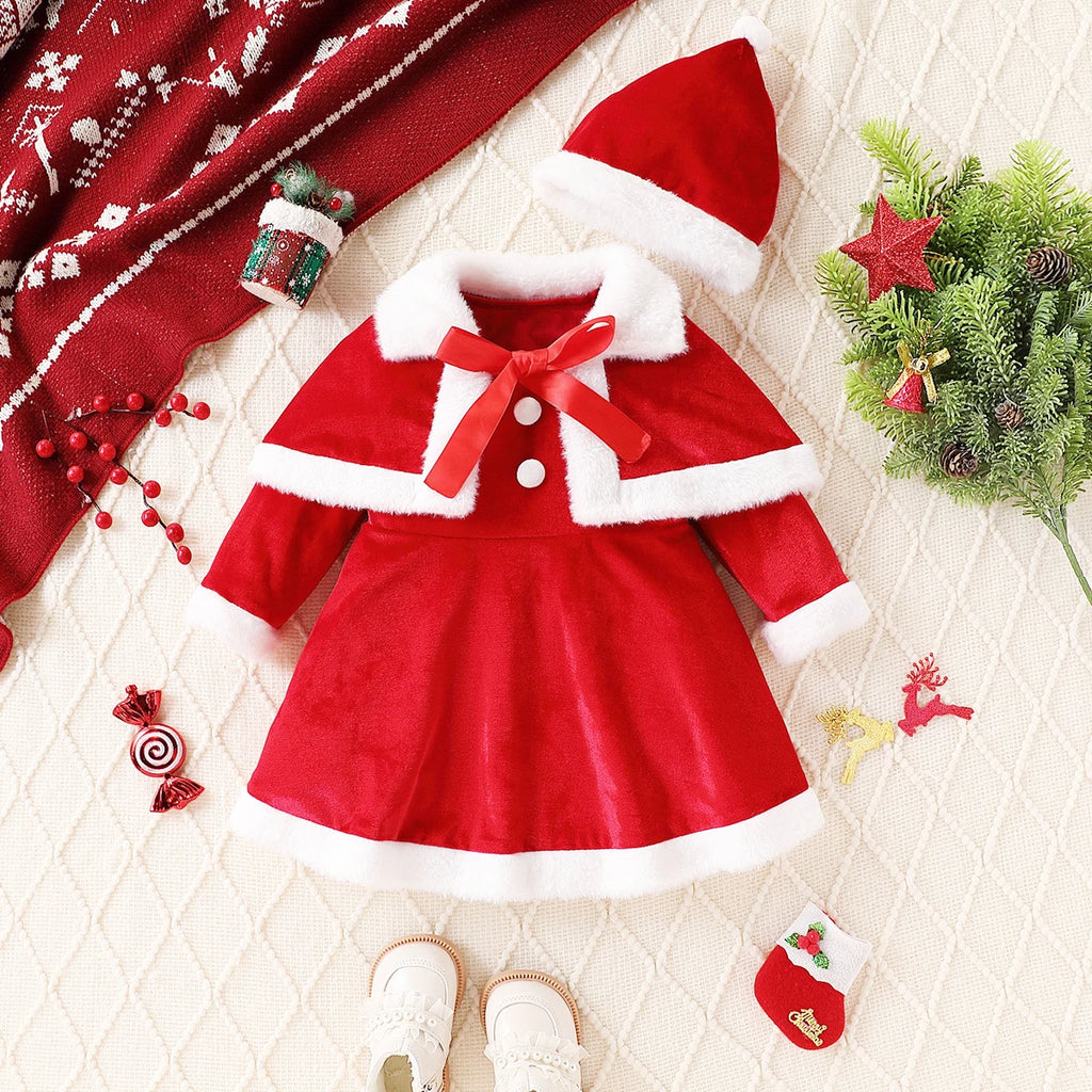 Christmas Baby Clothes Kids Santa Claus Costume Girls Long Sleeve Red Dresses with Cape Toddler Girl Dress Infant Winter Outwear