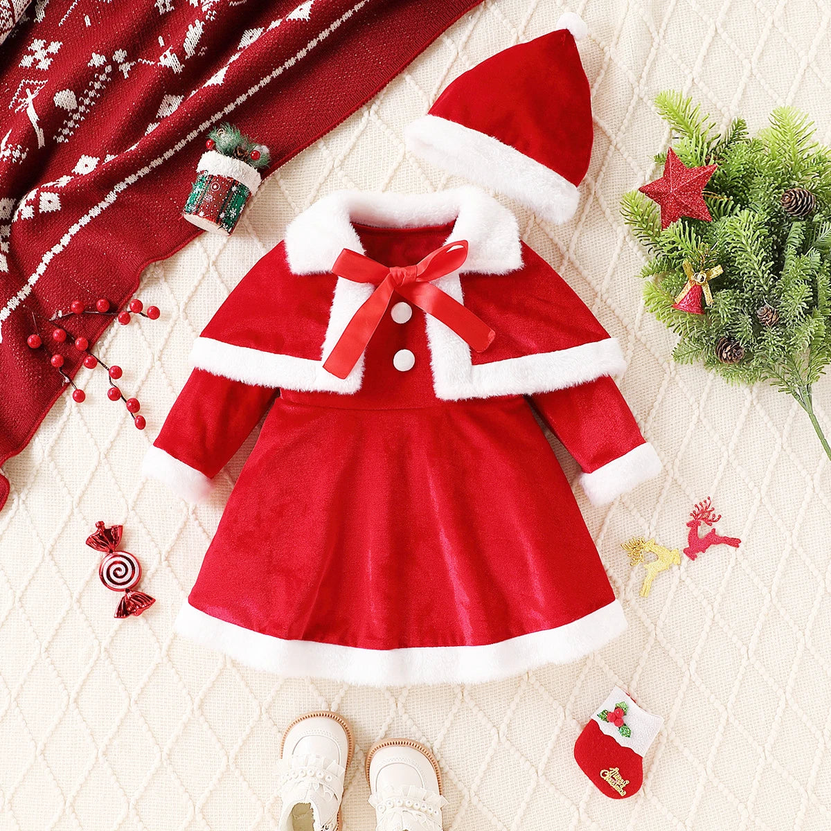 Christmas Baby Clothes Kids Santa Claus Costume Girls Long Sleeve Red Dresses with Cape Toddler Girl Dress Infant Winter Outwear
