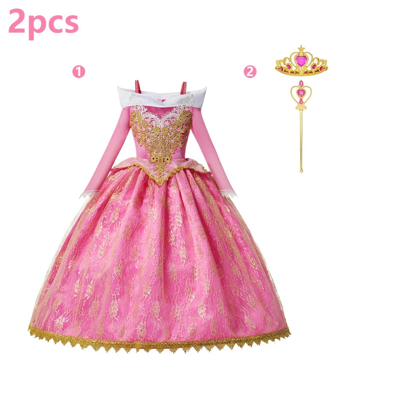 Kids Aurora Dress Cosplay Princess Dress Long Sleeve Sliding Shoulder Cake Dress Pink Girls Carnival Party Evening Dress
