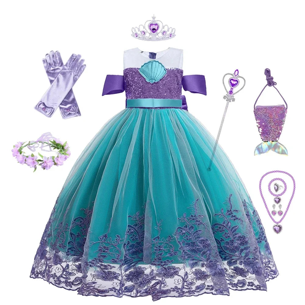 Cute Girl Princess Little Mermaid Ariel Dress Kids Cosplay Costume Children Halloween Birthday Party Clothes Summer Dress Girl