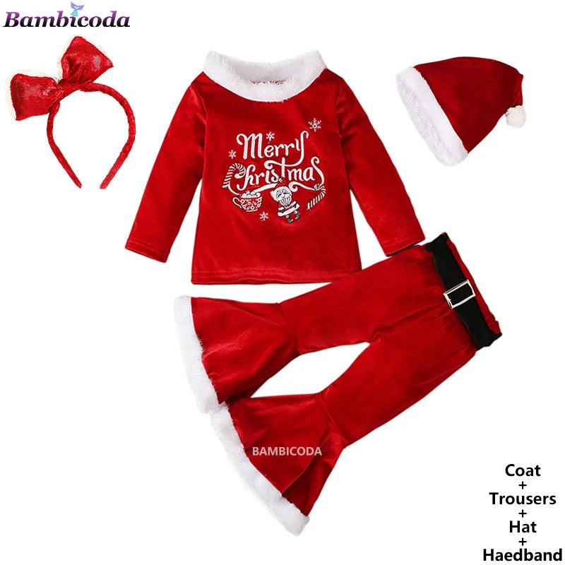 2025 Christmas Santa Claus Outfit Newborn Clothing Sets Winter Fleece Tops+Pants+Hats Baby Girls Clothes Costume Xmas
