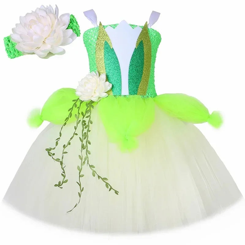 Princess Tiana Costume for Girls 3 Layers Flowers Tulle Tutu Dresses Ball Gown Toddler Kids Halloween Birthday Party Dress Up