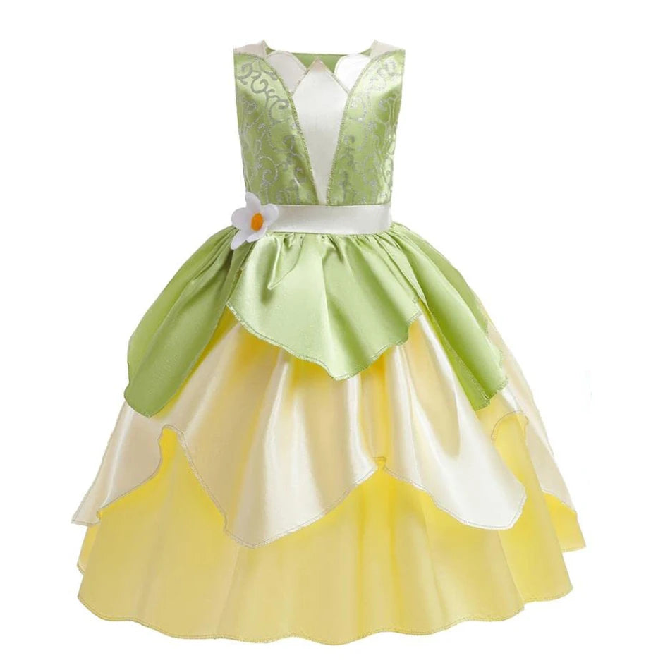 Tiana Costume Girls Cosplay Princess Dress Up Children Carnival Party Vestidos Kids Green Sleeveless Elegant Dresses
