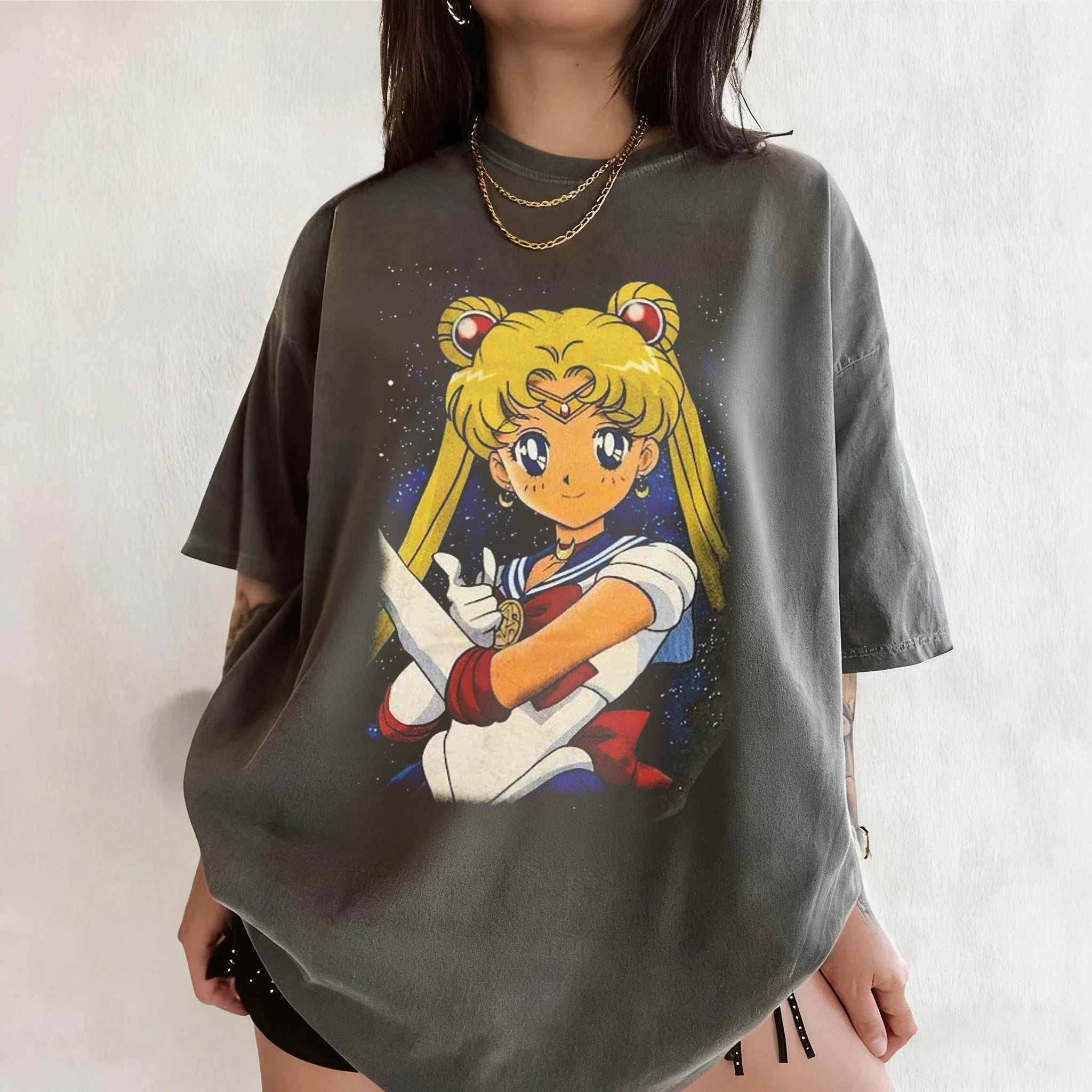 Anime "Sailor Moon" Retro Pattern Summer Cotton T-shirt for Both Men and Women, Street Casual Trendy Short-sleeved Design