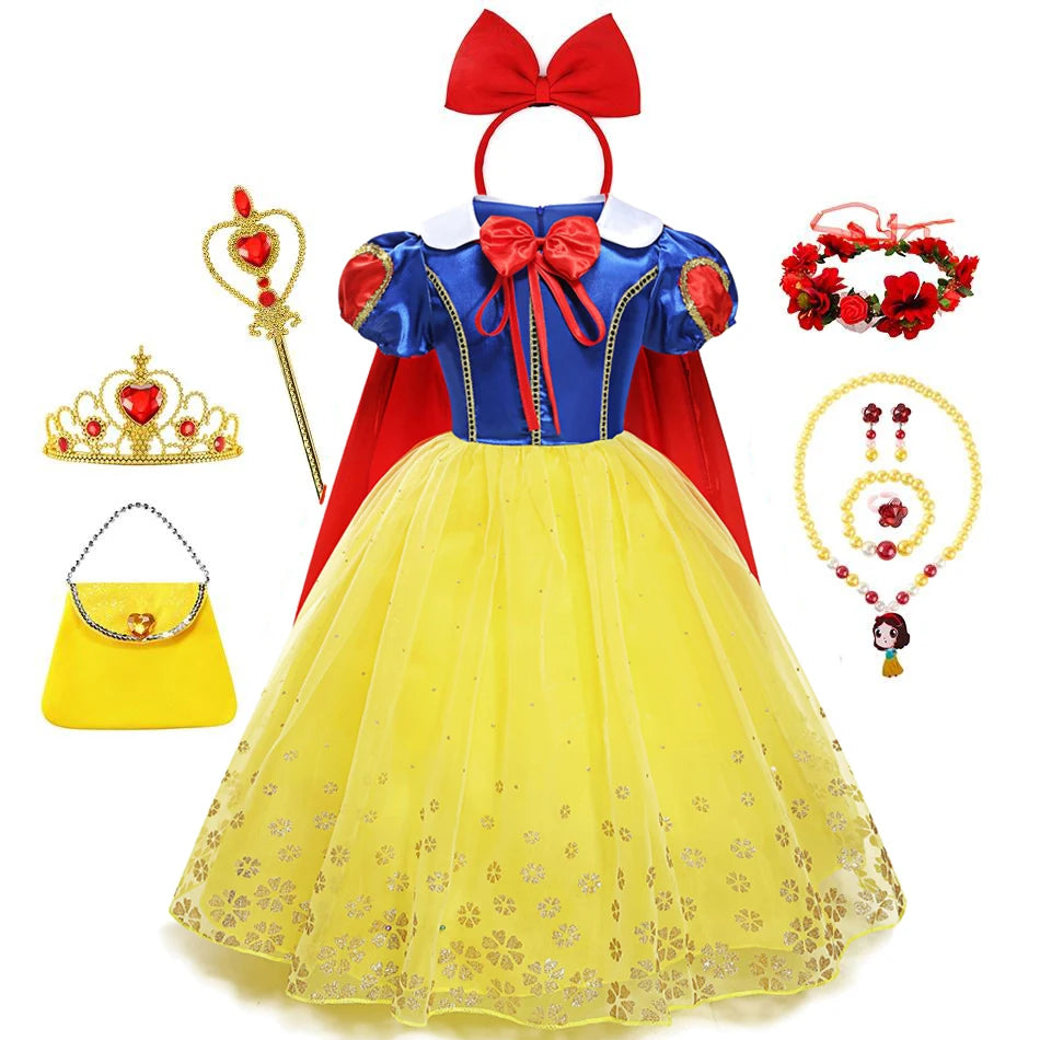 Snow White Costume for Girls Short Sleeve Dress with Cape Tulle Dress Princess Birthday Party Gown