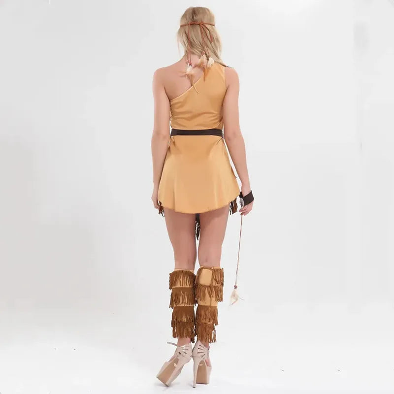 Halloween Cosplay Indian Indigenous Princess Costume for Women Fancy Dress Up Pocahontas Forest Huntress Party Stage Outfits