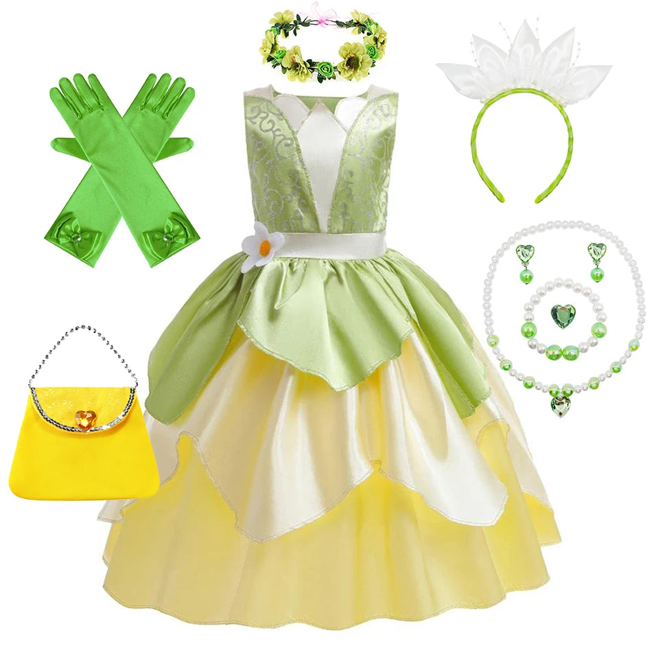Tiana Costume Girls Cosplay Princess Dress Up Children Carnival Party Vestidos Kids Green Sleeveless Elegant Dresses