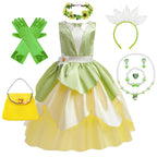 Tiana Costume Girls Cosplay Princess Dress Up Children Carnival Party Vestidos Kids Green Sleeveless Elegant Dresses