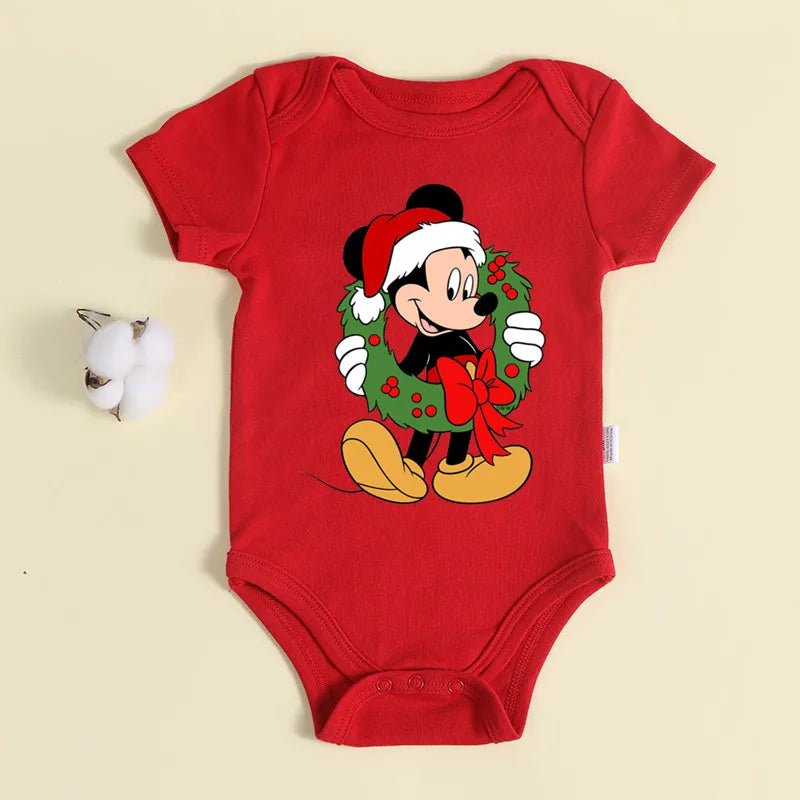 Christmas Newborn Baby Red Romper 100% Cotton Baby Mickey Print Infant Outfit Baby Girls Boys Bodysuit Disney Clothes Xmas Gift