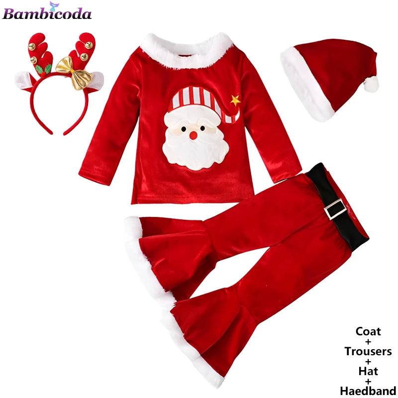 2025 Christmas Santa Claus Outfit Newborn Clothing Sets Winter Fleece Tops+Pants+Hats Baby Girls Clothes Costume Xmas