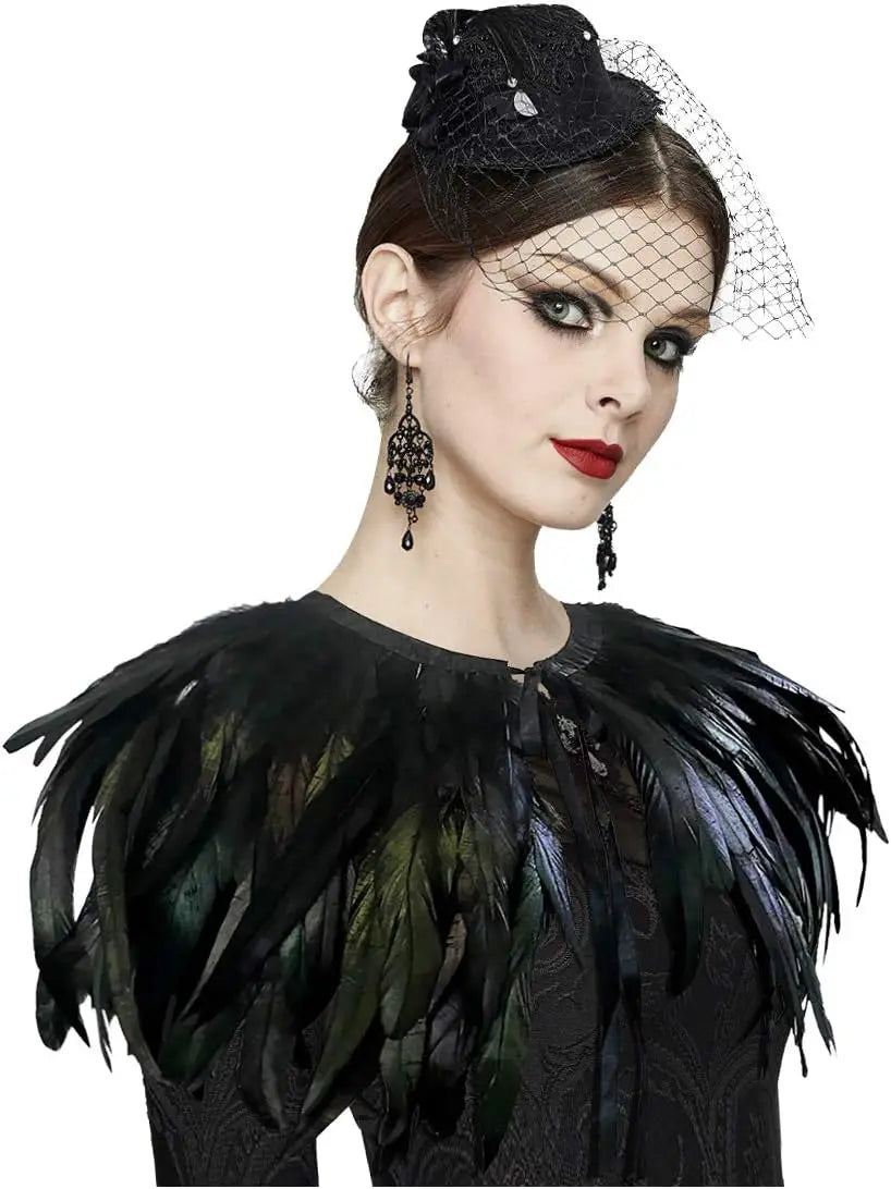 Witch's genuine feather shawl cloak with lace collar, suitable for all kinds of festival activities, witch costume.