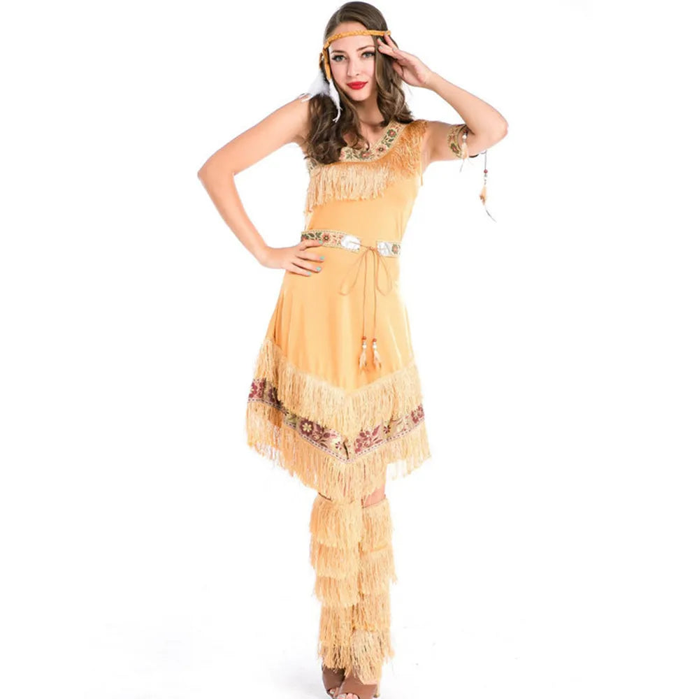 Halloween Cosplay Indian Indigenous Princess Costume for Women Fancy Dress Up Pocahontas Forest Huntress Party Stage Outfits