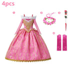 Kids Aurora Dress Cosplay Princess Dress Long Sleeve Sliding Shoulder Cake Dress Pink Girls Carnival Party Evening Dress