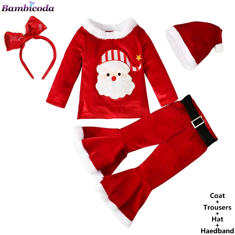 2025 Christmas Santa Claus Outfit Newborn Clothing Sets Winter Fleece Tops+Pants+Hats Baby Girls Clothes Costume Xmas