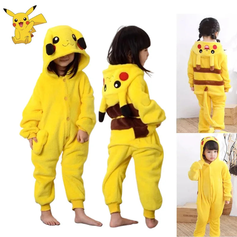Pokemon Pikachu Warm Flannel Homewear Kids Autumn&Winter Soft Onesie Cosplay Animal Hoodie Pajamas Parent-Child Girls Sleepwear