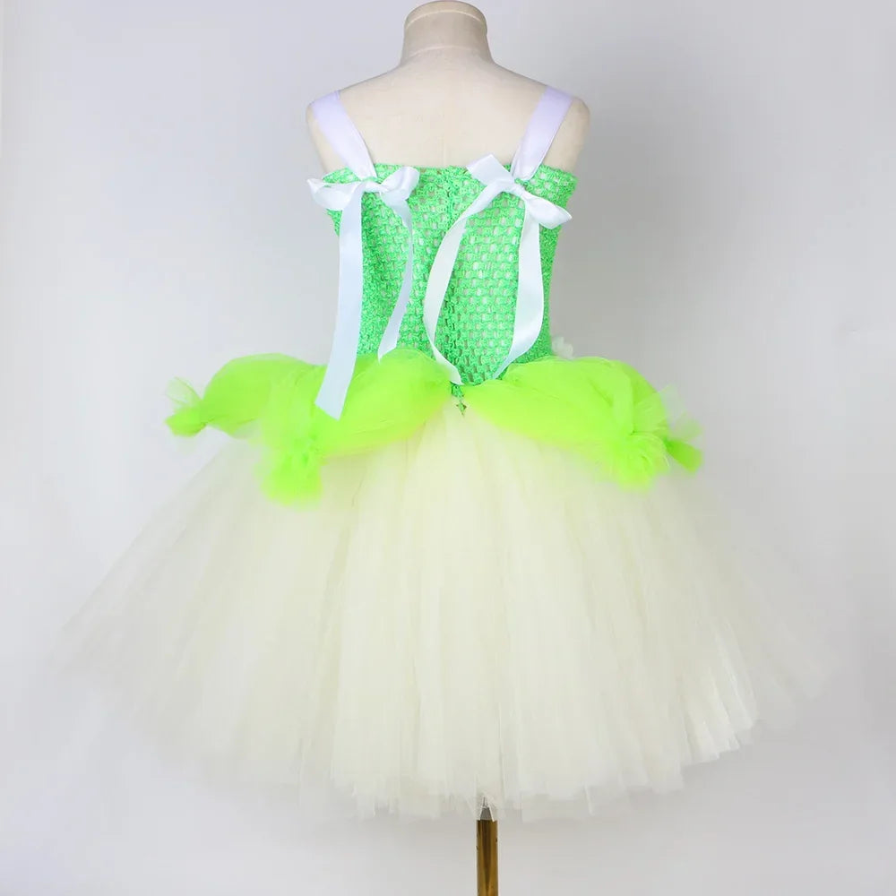 Princess Tiana Costume for Girls 3 Layers Flowers Tulle Tutu Dresses Ball Gown Toddler Kids Halloween Birthday Party Dress Up