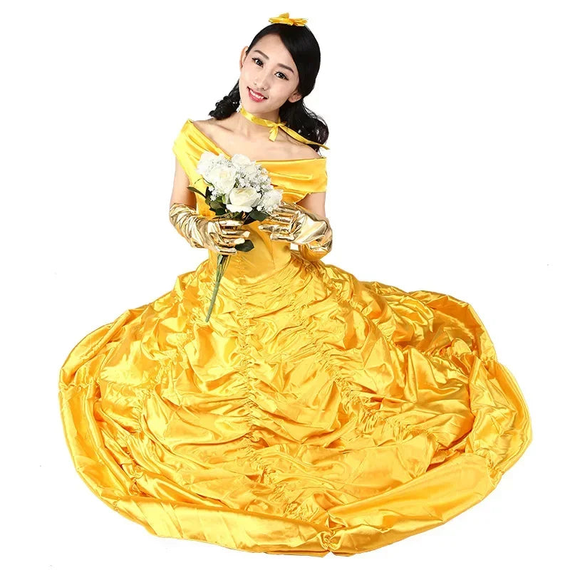 New adults cosplay womens princess ball gown beauty and the beast belle costume for dress yellow gown fancy women