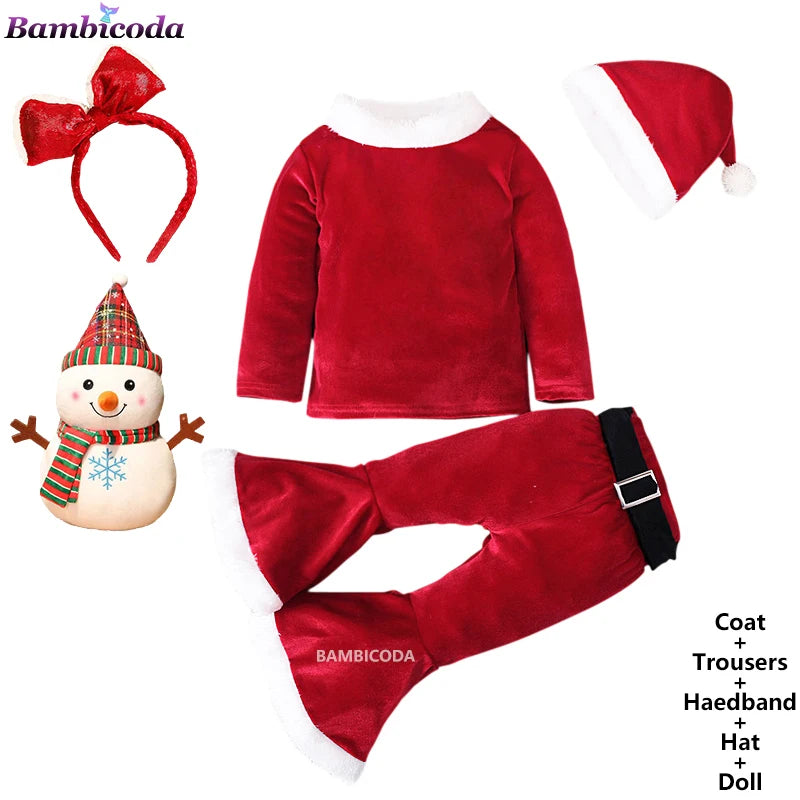 2025 Christmas Santa Claus Outfit Newborn Clothing Sets Winter Fleece Tops+Pants+Hats Baby Girls Clothes Costume Xmas