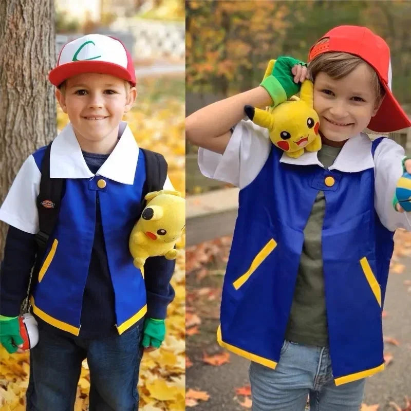 Men Anime Trainer Cosplay Costume Boys Ash Ketchum Adult for Girls Halloween Women Disfraz Party Blue Jacket Cap and Gloves Sets