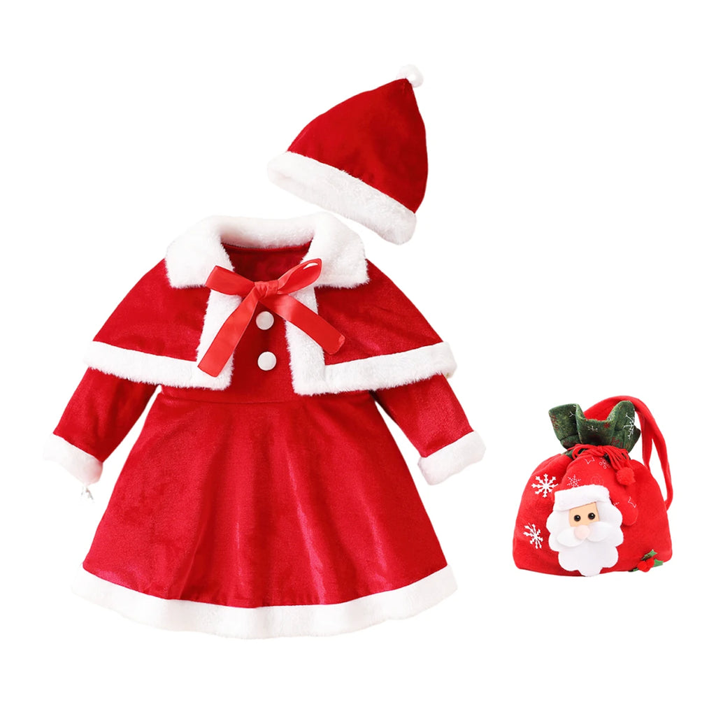 Christmas Baby Clothes Kids Santa Claus Costume Girls Long Sleeve Red Dresses with Cape Toddler Girl Dress Infant Winter Outwear