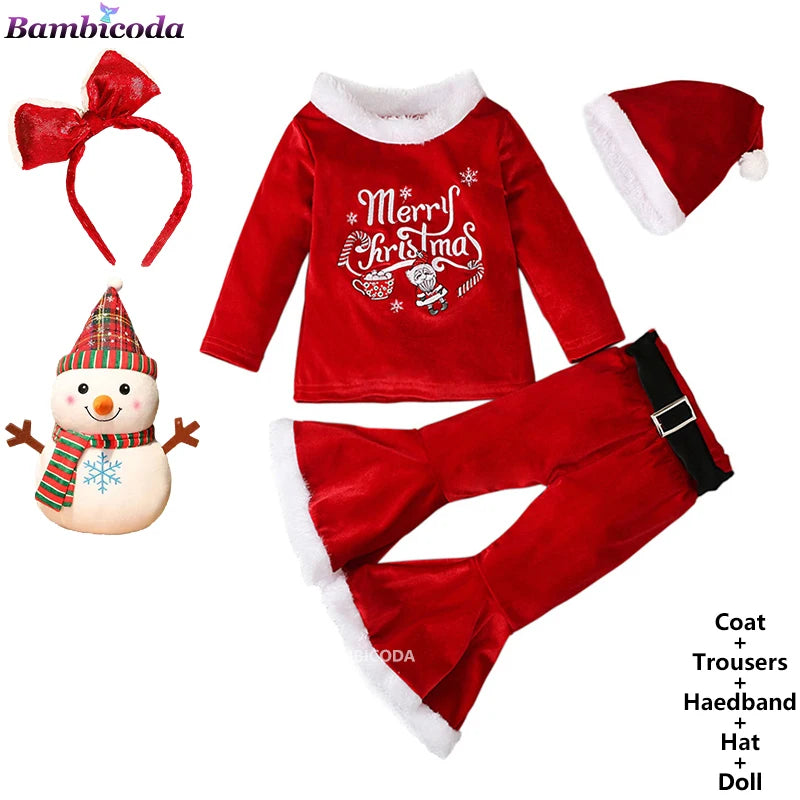 2025 Christmas Santa Claus Outfit Newborn Clothing Sets Winter Fleece Tops+Pants+Hats Baby Girls Clothes Costume Xmas