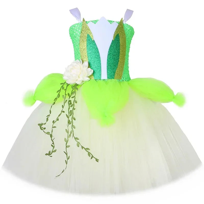 Princess Tiana Costume for Girls 3 Layers Flowers Tulle Tutu Dresses Ball Gown Toddler Kids Halloween Birthday Party Dress Up