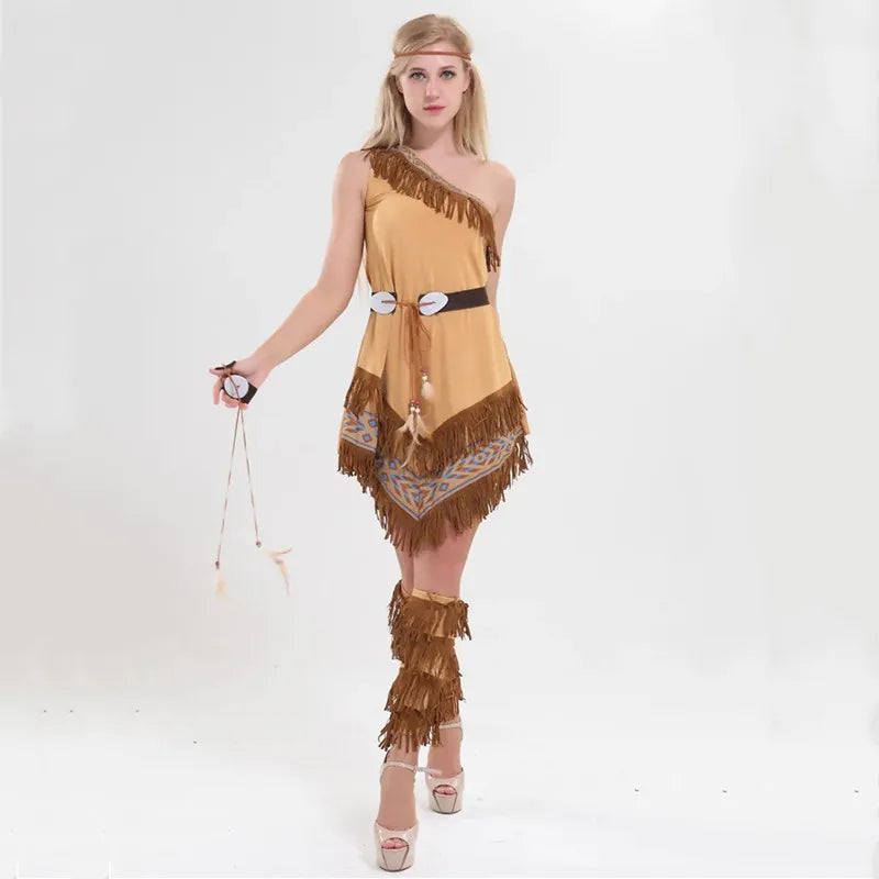 Halloween Cosplay Indian Indigenous Princess Costume for Women Fancy Dress Up Pocahontas Forest Huntress Party Stage Outfits