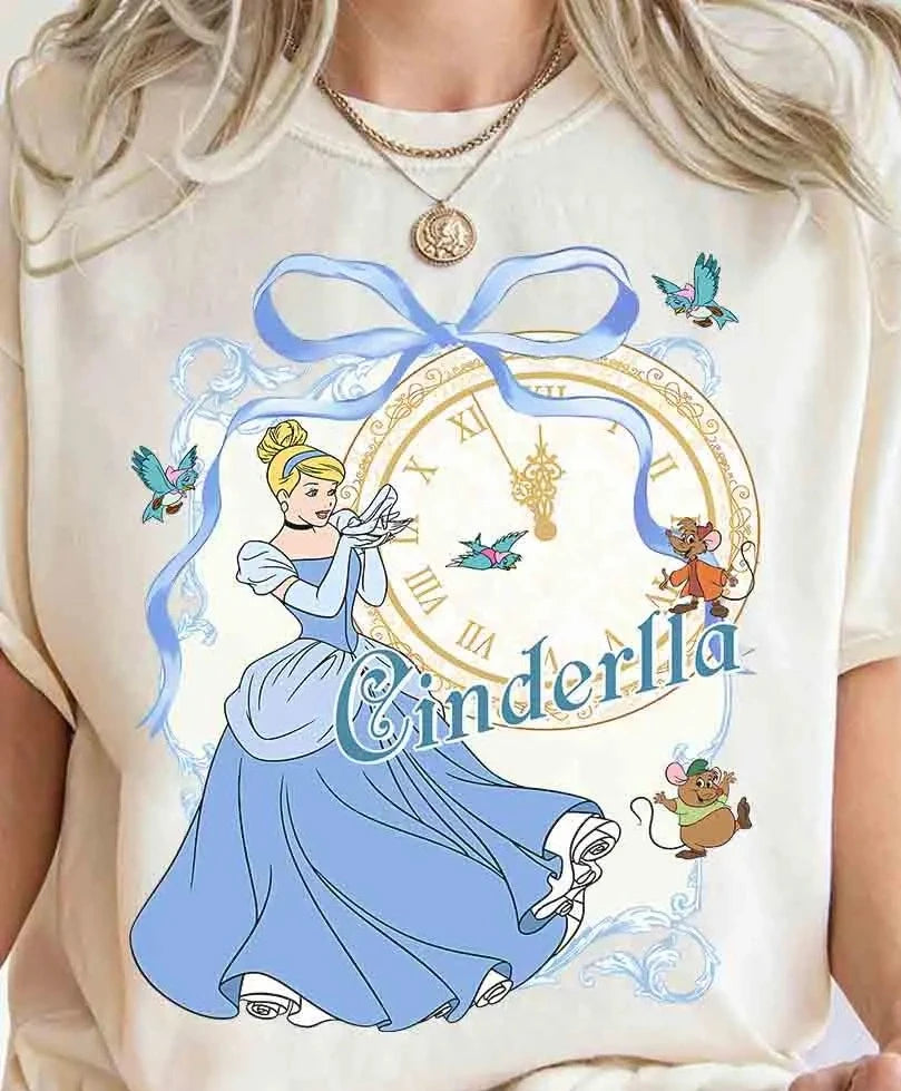 2025 Summer New Enchanting Bow Princess Group Girl Aesthetic T-shirt Cinderella Beauty Long Hair Princess Snow White T-shirt