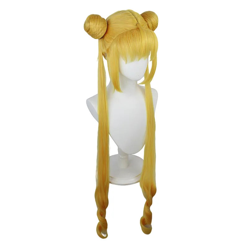 Cosplay Anime Wigs Sailor Moon Tsukino Usagi Long Curly Blonde Double Ponytail Synthetic Cosplay Wig with Rose net