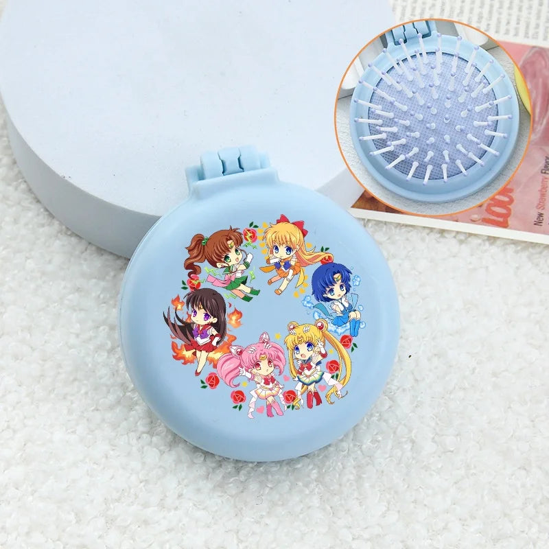 Sailor Moon Anime  Mini Folding Hair Brush with Mirror Portable Travel Comb for Women Lightweight Outdoor Use Hand Washable Gift