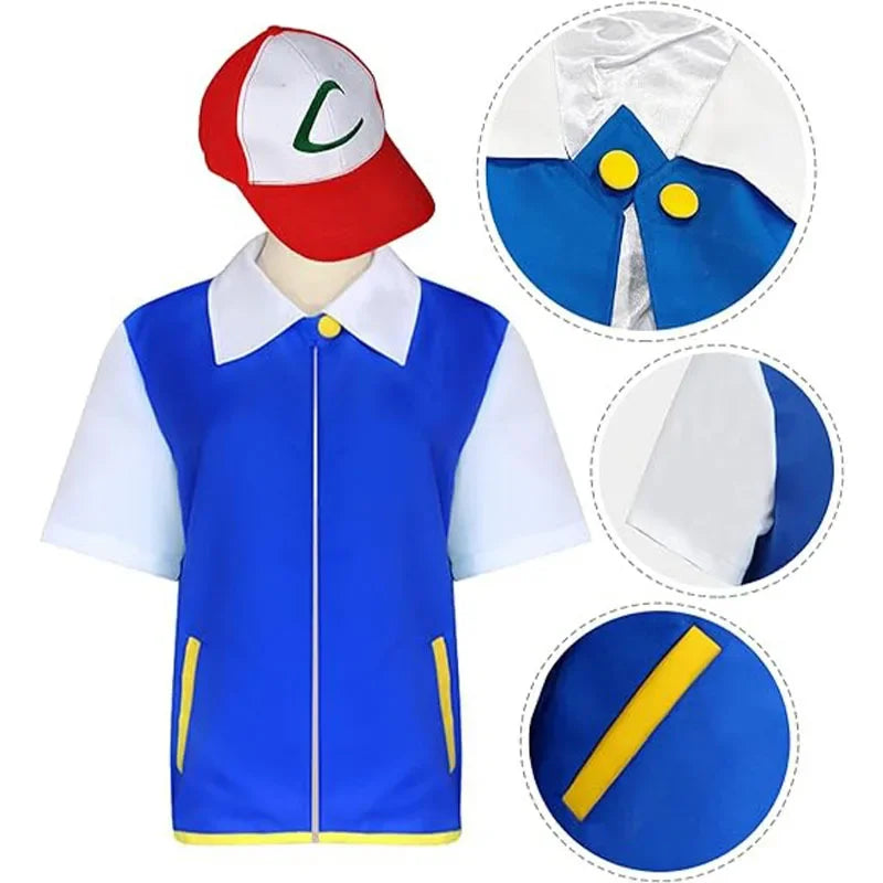 Men Anime Trainer Cosplay Costume Boys Ash Ketchum Adult for Girls Halloween Women Disfraz Party Blue Jacket Cap and Gloves Sets