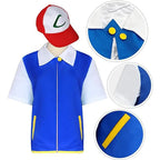 Men Anime Trainer Cosplay Costume Boys Ash Ketchum Adult for Girls Halloween Women Disfraz Party Blue Jacket Cap and Gloves Sets
